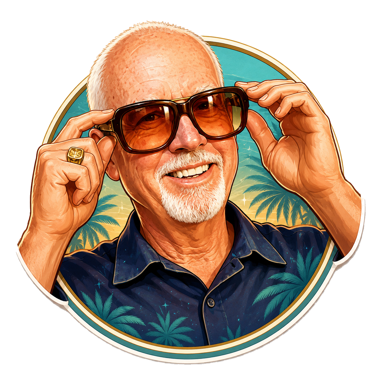 Caricature of Don Terry adjusting oversized sunglasses