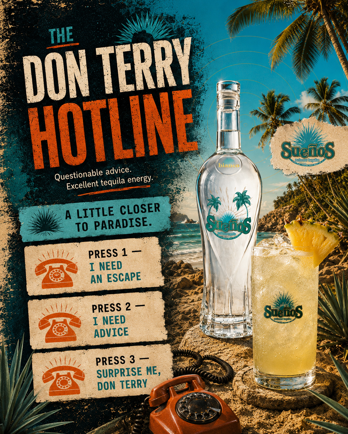 The Don Terry Hotline graphic featuring the exact Sueños bottle, the Don Terry cocktail, and a red brick phone on a bright beach.