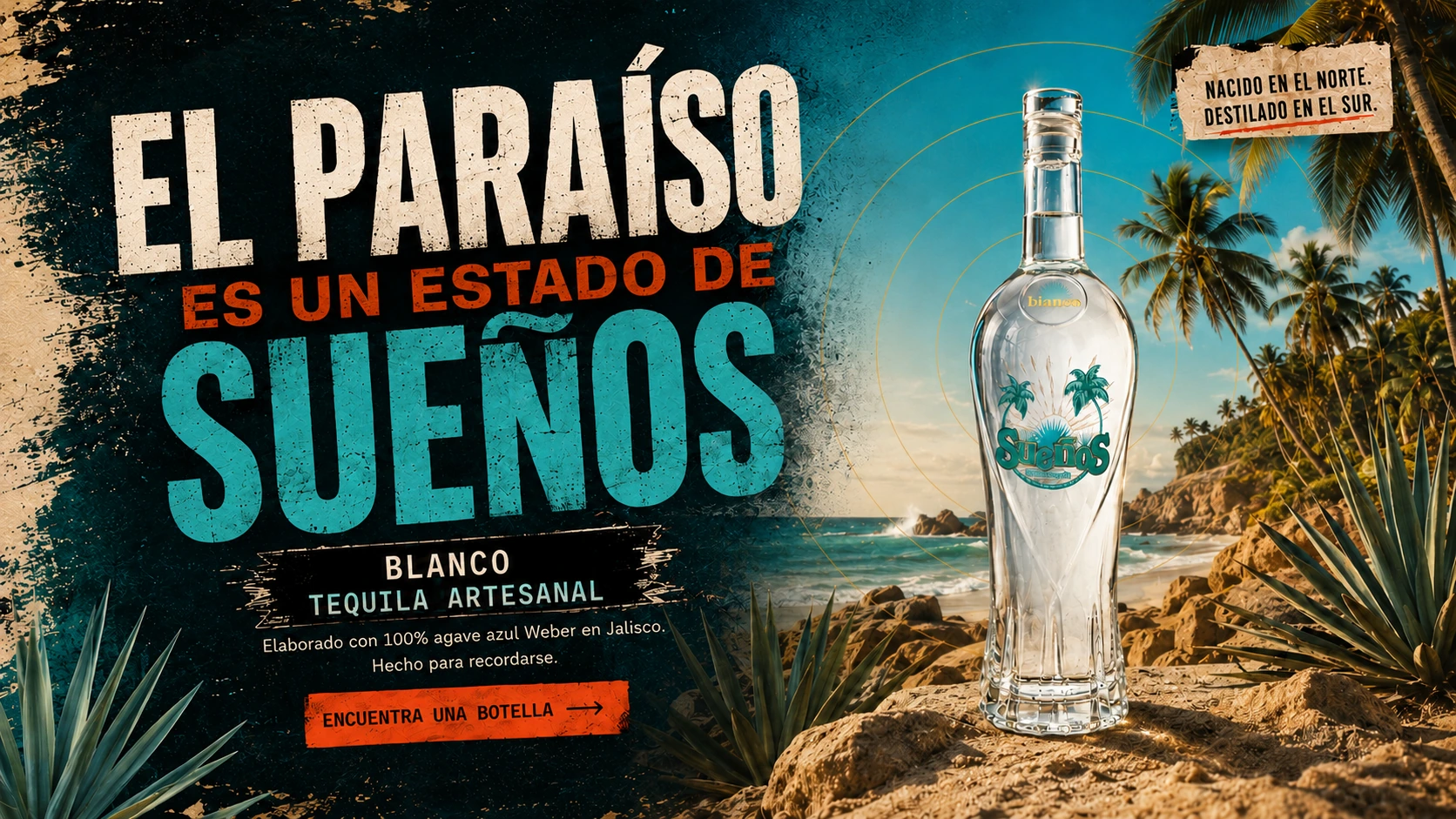 El Paraíso Es Un Estado de Sueños. Sueños Blanco Tequila Artesanal en una playa tropical luminosa.