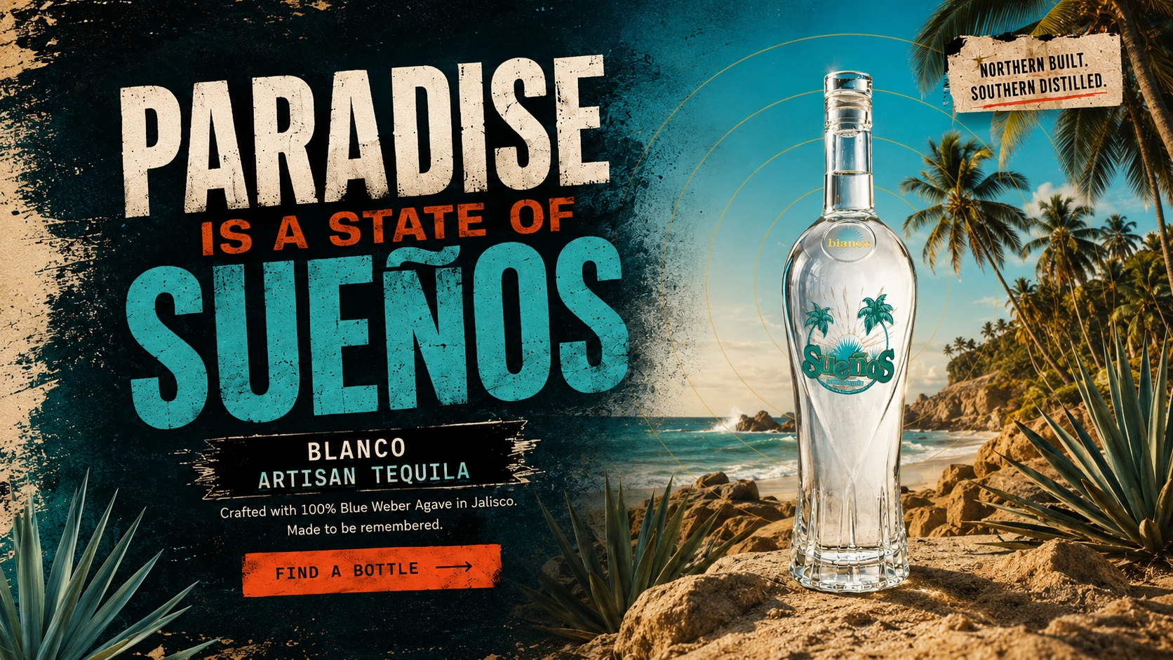 Paradise Is A State of Sueños. Sueños Blanco Artisan Tequila on a bright tropical beach.