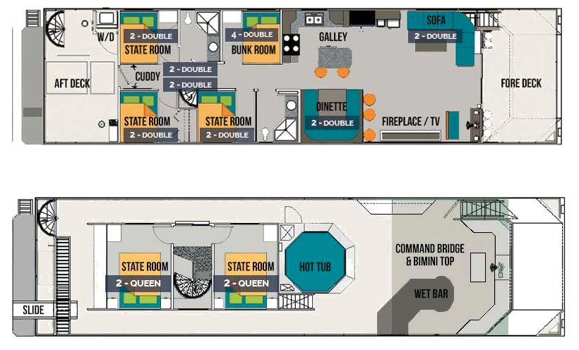 Floor plans of the Sueños Houseboat main deck and bridge deck
